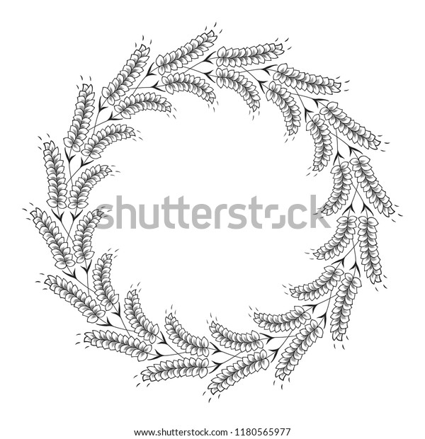 Hand drawn circle\
wreath with malt, barley, wheat, rye ears. Design beer label cereal\
frame. Vector isolated. 