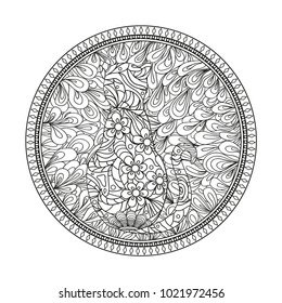 Hand drawn circle zendala with zen cat. Wallpaper Zentangle. Black and white illustration. Design for spiritual relaxation for adults. Hand drawn mandala with abstract patterns on isolation background