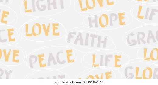 Hand drawn circled bold words seamless pattern. Brush style Christian phrases such as faith, hope, love, grace, glory