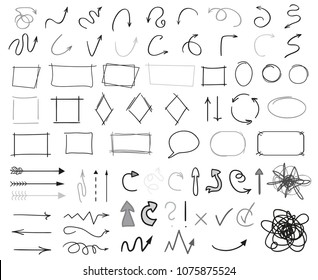 Hand drawn circles, arrows and rectangle frames. Big set of infographic elements on isolation white background. Simple signs for design. Line art