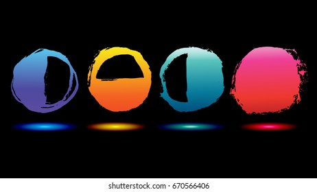 Hand drawn circles created by dry brush. Grunge style set on the black background. Vector clip art elements for expressive design.