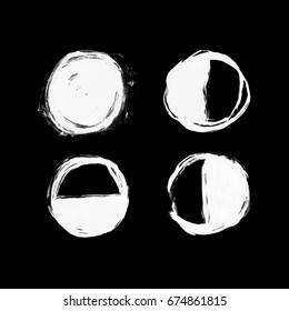 Hand drawn circles created by dry brush. Grunge style set on the black background. Vector clip art elements for expressive design.