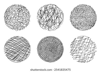 Handgezeichnete Kreise mit unterschiedlicher Textur. Skizze Kritzeln Doodle runden Formen Set