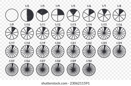 Hand drawn circles divided into parts from 1 to 30. Doodle outline round chart for infographic, pie portion or pizza slice. Wheel division into fractions, circular shape sectors on transparent.