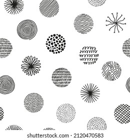 Hand drawn circles with doodle texture. Modern abstract seamless pattern with black organic round shapes with lines, circles, drops. Vector illustration on white background.