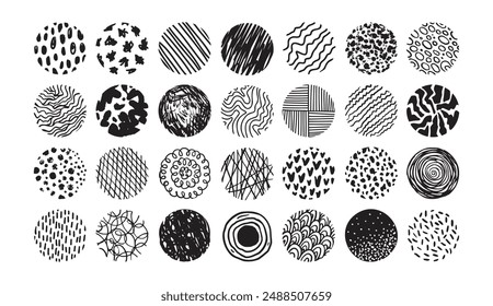 Hand drawn circles doodle texture. Round trendy abstract set black shapes with lines, circles, drops. Hand drawn organic doodle shapes. Vector illustration