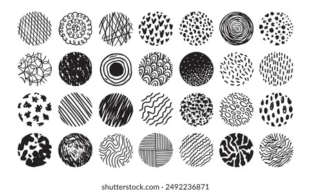 Hand drawn circles doodle texture. Round trendy abstract set black shapes with lines, circles, drops. Hand drawn organic doodle shapes. Vector illustration