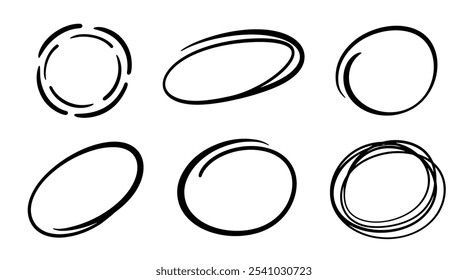 Hand drawn Circles, Ellipses and Ovals Emphasis Highlights Marker Drawings Set. Round freehand frames shapes. Abstract doodle writing design vector set