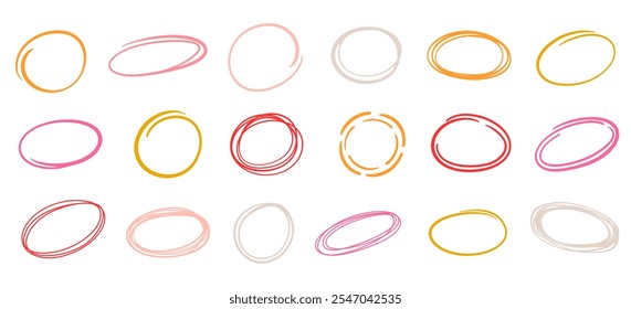 Dibujado a mano Círculos, elipses y óvalos Énfasis Resalta Marcador Dibujos Set. Formas de marcos redondos a mano alzada. Conjunto de Vector de diseño de escritura doodle Abstractas