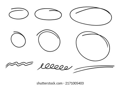 Hand drawn circles frame and line set. Doodle highlight ovals. Marker sketch. Highlighting text and important objects. Round scribble frames. Stock vector illustration on white background.