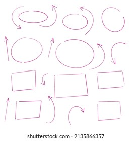 Hand drawn circles frame set. Doodle highlight ovals, square, rectangle. Marker sketch. Highlighting text and important objects. Round scribble frames. Stock vector illustration on white background.