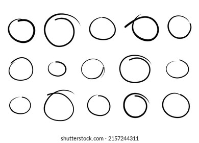 Hand drawn circles frame set. Doodle highlight ovals collection. Marker sketch. Highlighting text and important objects. Round scribble frames. Vector illustration on white background.