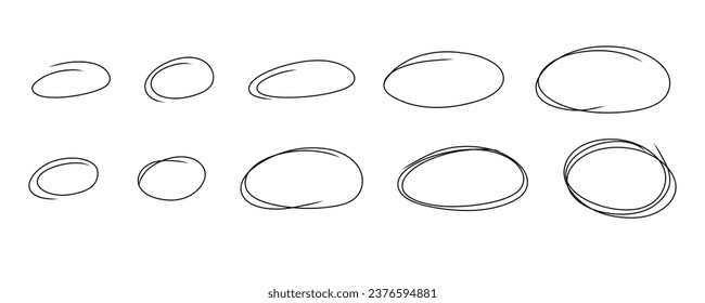 Hand drawn circles frame set. Doodle highlight ovals. Marker sketch. Highlighting text and important objects. Round scribble frames. Stock vector illustration isolated on white background.