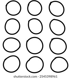 Hand drawn circles icon 
 set. circle of different widths and frames. Ellipses in doodle sign in isolated background eps 10. vector illustration.