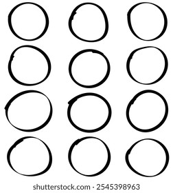 Hand drawn circles icon 
 set. circle of different widths and frames. Ellipses in doodle sign in isolated background eps 10. vector illustration.