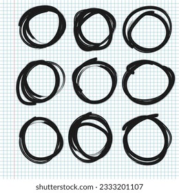 Hand drawn circles line sketch set on notebook pages. Doodle graffiti illustration. Drawing circular scribble doodle round circles.