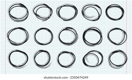 Hand drawn circles line sketch set on notebook pages. Doodle graffiti illustration. Drawing circular scribble doodle round circles.