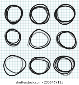 Hand drawn circles line sketch set on notebook pages. Doodle graffiti illustration. Drawing circular scribble doodle round circles.