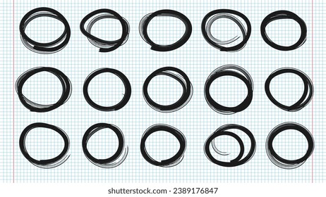 Hand drawn circles line sketch set on notebook pages. Doodle graffiti illustration. Drawing circular scribble doodle round circles.