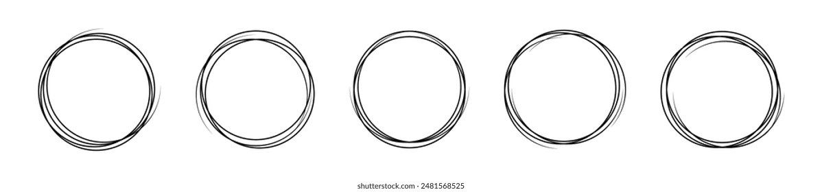 Círculos dibujados a mano. Conjunto de círculos redondos lineales. Vector de garabatos. Conjunto de esbozo de línea de círculo de dibujo a mano