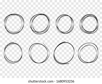 Hand drawn circles and lines. Sketchs round scribble strokes. Doodles pencil or pen for bubbles, frames, marks, messages, notes. Graffiti drawn bubble in draft. Set black circles in line style. Vector