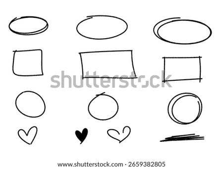 Hand drawn circles, rectangles, hearts, and line art illustration