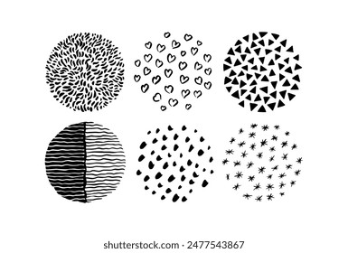 Hand drawn circles. Round abstract black backgrounds or patterns. Line sketch trendy set. Hand drawn doodle shapes. Vector circular scribble. Spots, curves, drops. Pen graffiti bubble.