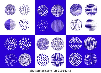 Círculos dibujados a mano. Fondos o patrones negros abstractos redondos. Conjunto de moda de boceto de línea. Formas de doodle dibujadas a mano. Garabato circular de Vector. Manchas, curvas, caídas. Burbuja de graffiti de pluma.