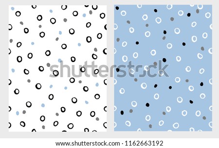 Hand Drawn Circles Seamless Vector Paterns Set. Black Round Shape on a White Background. White Elements on a Blue Layout. Brush Tiny Spots. Cute Abstract Graphic. Irregular Design. 