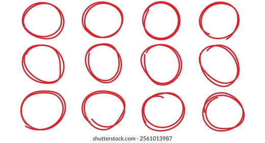 Hand drawn circles set. circle of different widths. Highlight circle frames. Ellipses in doodle style flat design on isolated background . vector illustration eps 10. 