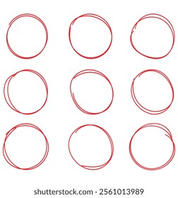 Hand drawn circles set. circle of different widths. Highlight circle frames. Ellipses in doodle style flat design on isolated background . vector illustration eps 10. 