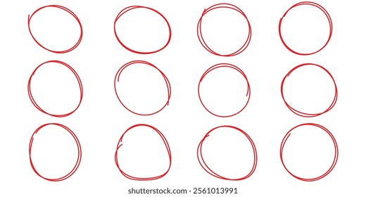 Hand drawn circles set. circle of different widths. Highlight circle frames. Ellipses in doodle style flat design on isolated background . vector illustration eps 10. 