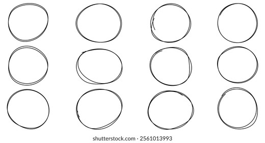 Hand drawn circles set. circle of different widths. Highlight circle frames. Ellipses in doodle style flat design on isolated background . vector illustration eps 10. 