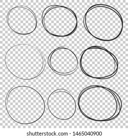 Hand drawn circles set, different framesm bubbles. Doodle and sketch style, transparent.