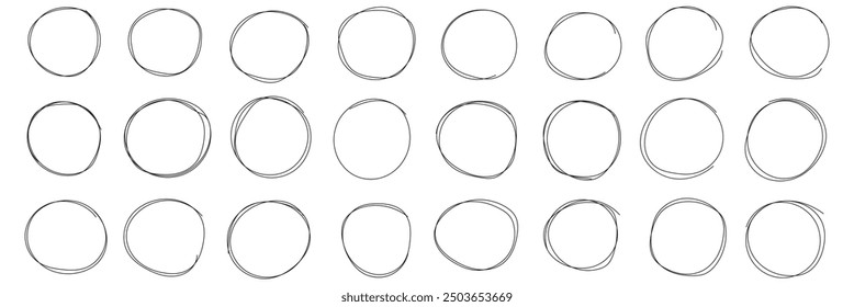 Hand drawn circles set. Circles of different widths. Highlight circle frames. Ellipses in doodle style. Set of vector illustration isolated on white background.