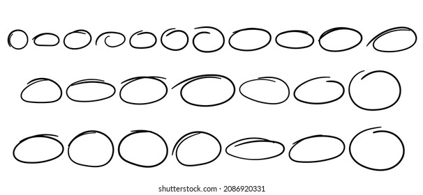 Hand drawn circles set. Doodle highlight ovals. Marker sketch. Highlighting text and important objects.  Round scribble frames. Stock vector illustration on white background.
