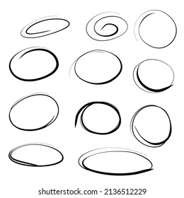 Hand drawn circles set. Doodle highlight scrawl scribble ovals. Marker sketch. Highlighting text and important objects. Round scribble frames. Stock vector illustration on white background.