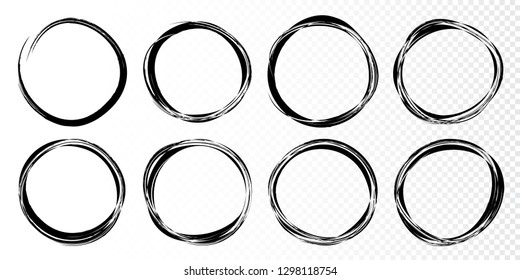 Hand drawn circles sketch frame set. Rounds scribble line circles. Doodle circular logo design elements.  Vector illustrations.