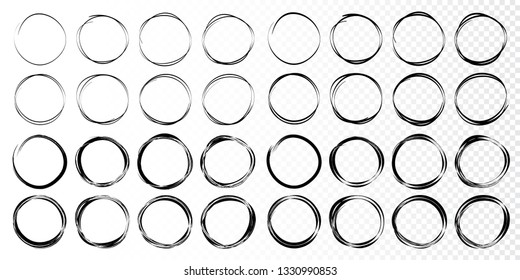 Hand drawn circles sketch frame collection. Rounds scribble line circle collection. Doodle circular logo design elements.  Vector illustrations.
