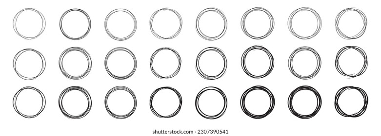 Hand drawn circles sketch frame set. Rounds scribble line circles. Vector illustrations.