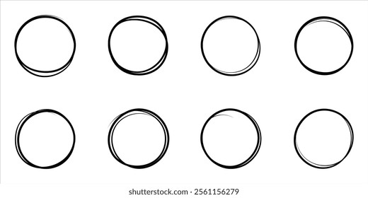 Hand drawn circles sketch frame set. Rounds scribble line circles. Scribble doodle circle set illustration.