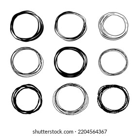 Hand drawn circles sketch set. Doodle circular elements of the logo design. Hand drawn circle frame vector set isolated on white background doodle sketchy style