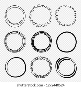 Hand drawn circles. Sketched scribble rings. Doodle round frames, circular stoke set illustration