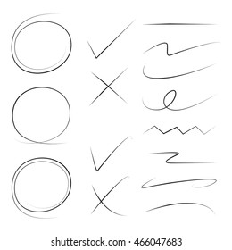 hand drawn circles, underlines, check marks