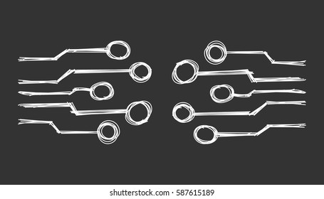 Hand drawn circuit board icon. Doodle scetch technology scheme symbol flat vector illustration on black background.