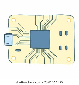 Hand Drawn Circuit Board with Intricate Lines and Connections A hand drawn circuit board with fine details, featuring winding connections and electronic elements.