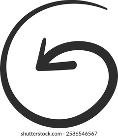 Hand drawn circular arrow pointing downward, creating a complete loop, representing concepts of return, undoing actions, or illustrating a cyclical process in motion