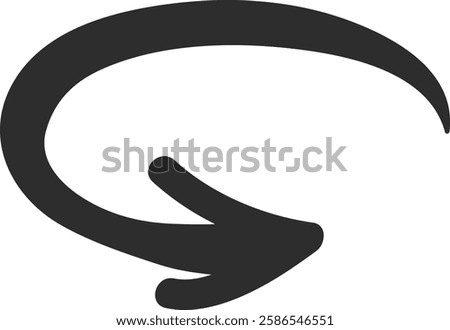 Hand drawn circular arrow pointing downwards, effectively symbolizing concepts such as downloading, clockwise motion, and cyclical processes in a visually engaging manner