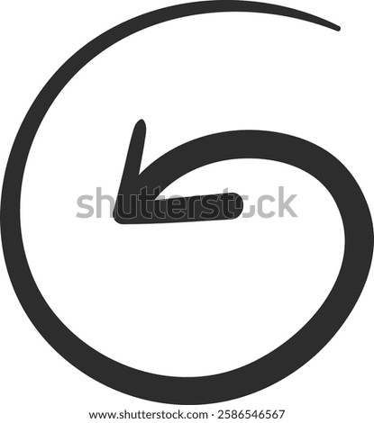 Hand drawn circular arrow pointing downward, creating a complete loop, representing concepts of return, undoing actions, or illustrating a cyclical process in motion