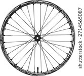 Hand drawn circular bicycle wheel showing hub rim and thin spokes in a clean sketch style.